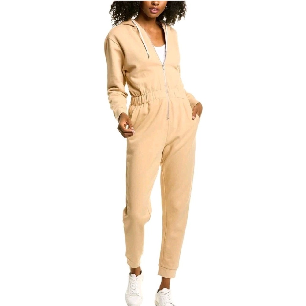 WeWoreWhat Leisure Suit Tan Beige Hooded Zip Front Fleece Jumpsuit Medium
